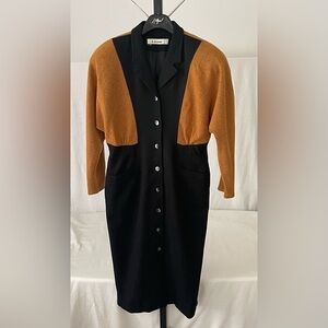 Vintage “A.A. Club” Brown and Black Button-Front Wool Dress